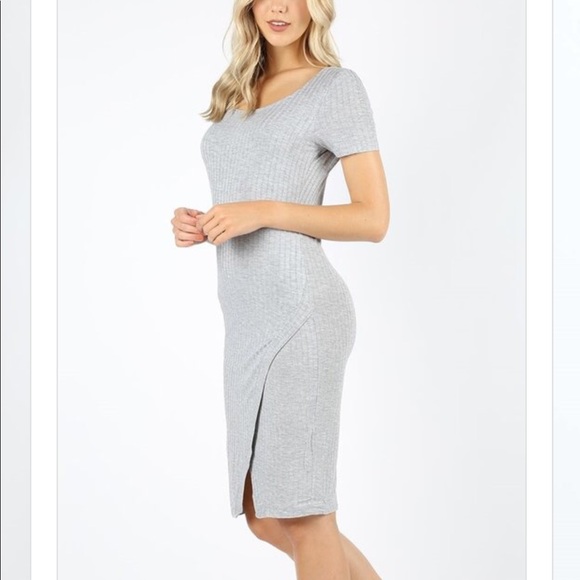 New Black RIBBED FRONT SPLIT BODYCON DRESS - Picture 3 of 5